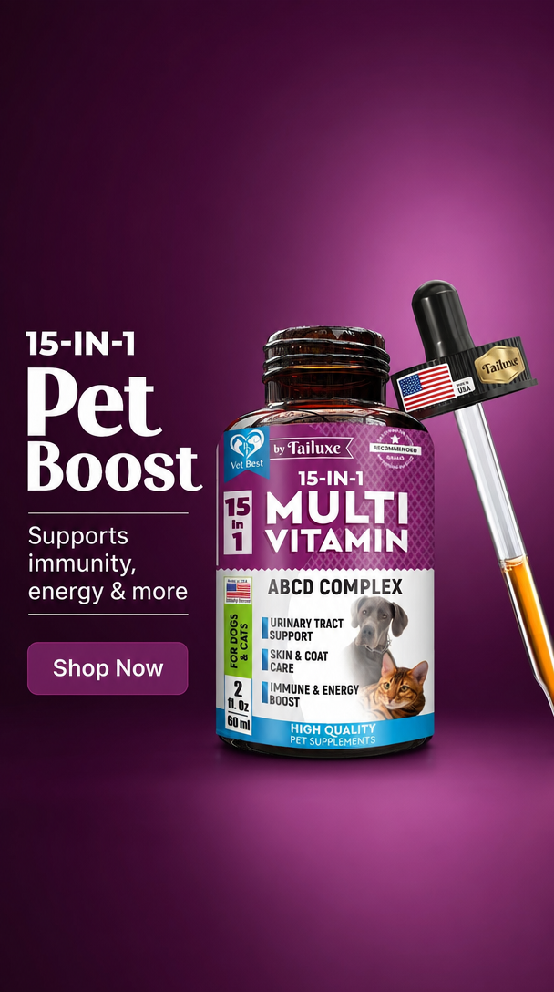 Tailuxe Multivitamin - 15-in-1 Pet Boost formula infographic